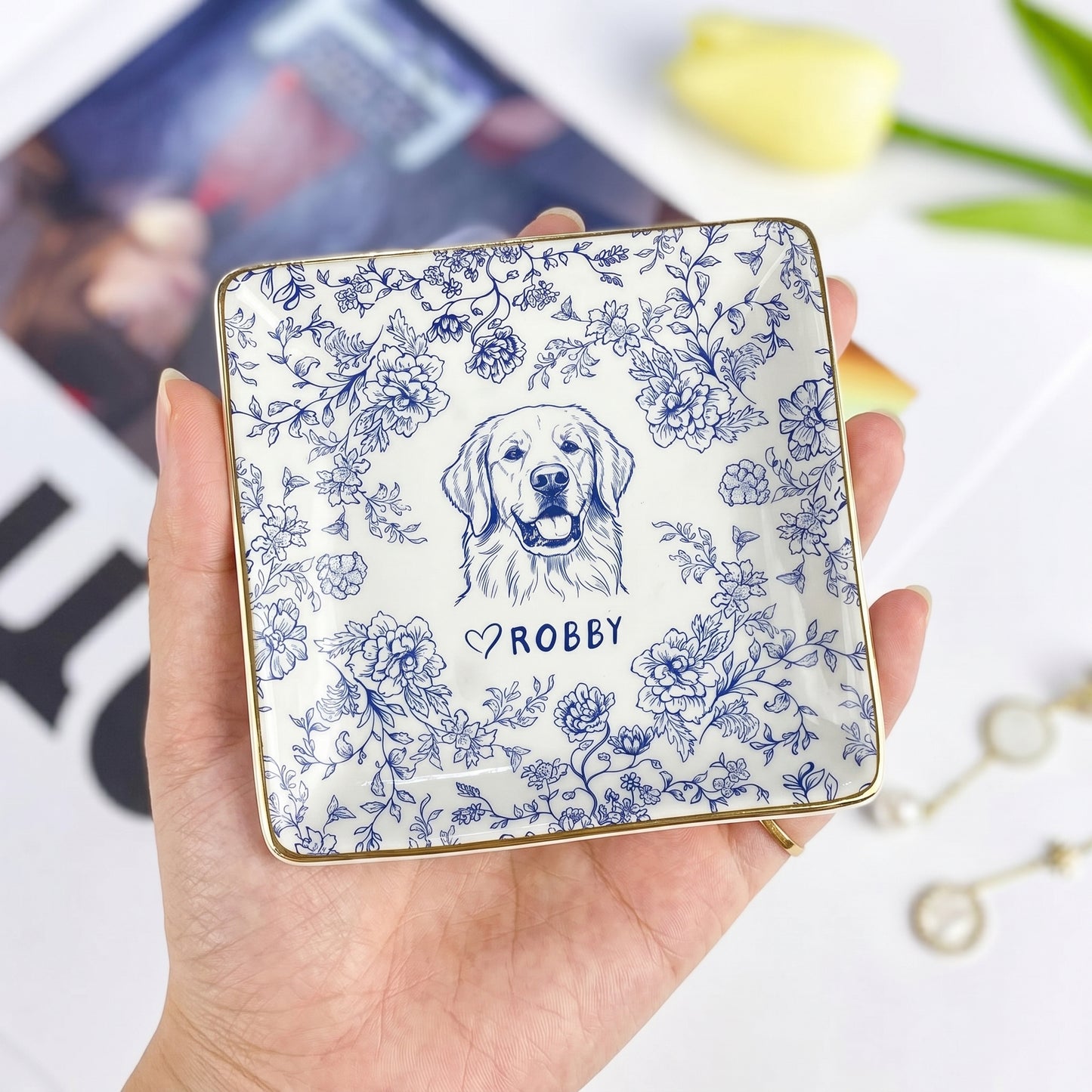 Custom Pet Jewelry Dish, Dog Cat Portrait Ring Dish, Toile De Jouy Pet Ring Dish