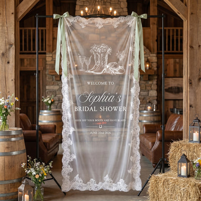 Custom Lace Welcome Sign, Clear Sheer Wedding Signage, Fabric Ceremony Reception Signage Banner, Romantic Sheer Lace Wedding Banner