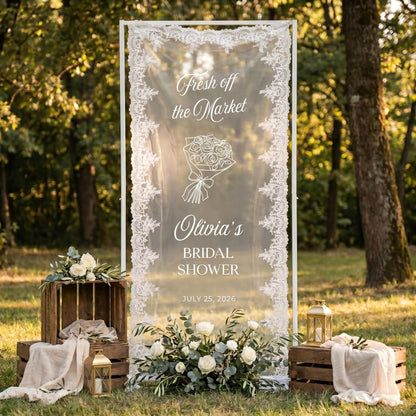 Personalized Lace Bridal Shower Welcome Sign, Sheer Tulle Banner, Wedding Party Decor