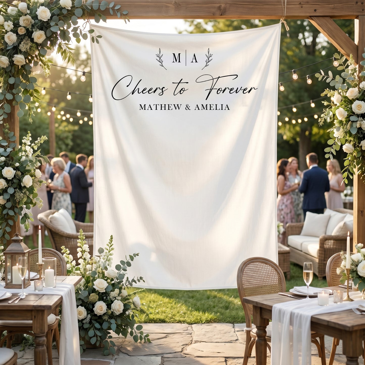 Personalized Wedding Photo Backdrop, Cheers to Forever, Engagement Party Decor