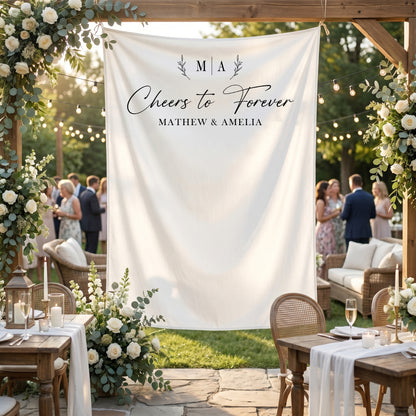 Personalized Wedding Photo Backdrop, Cheers to Forever, Engagement Party Decor