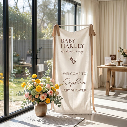 Coffee Themed Baby Shower Banner and Welcome Sign, A Baby Is Brewing, Cotton Linen Fabric Party Decor