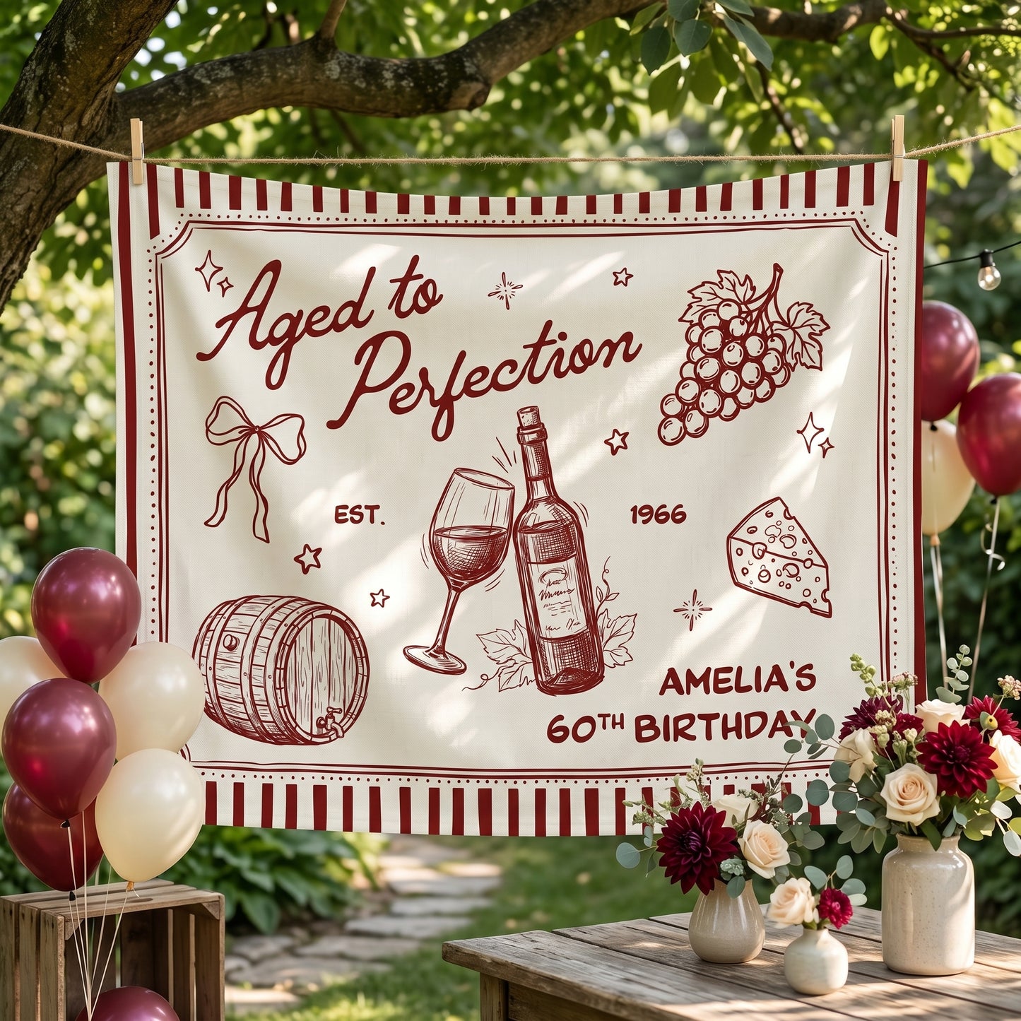 Custom Aged to Perfection Backdrop for Birthday Party Welcome Sign, 20th 30th 40th 50th 60th Birthday Banner Wine Decor