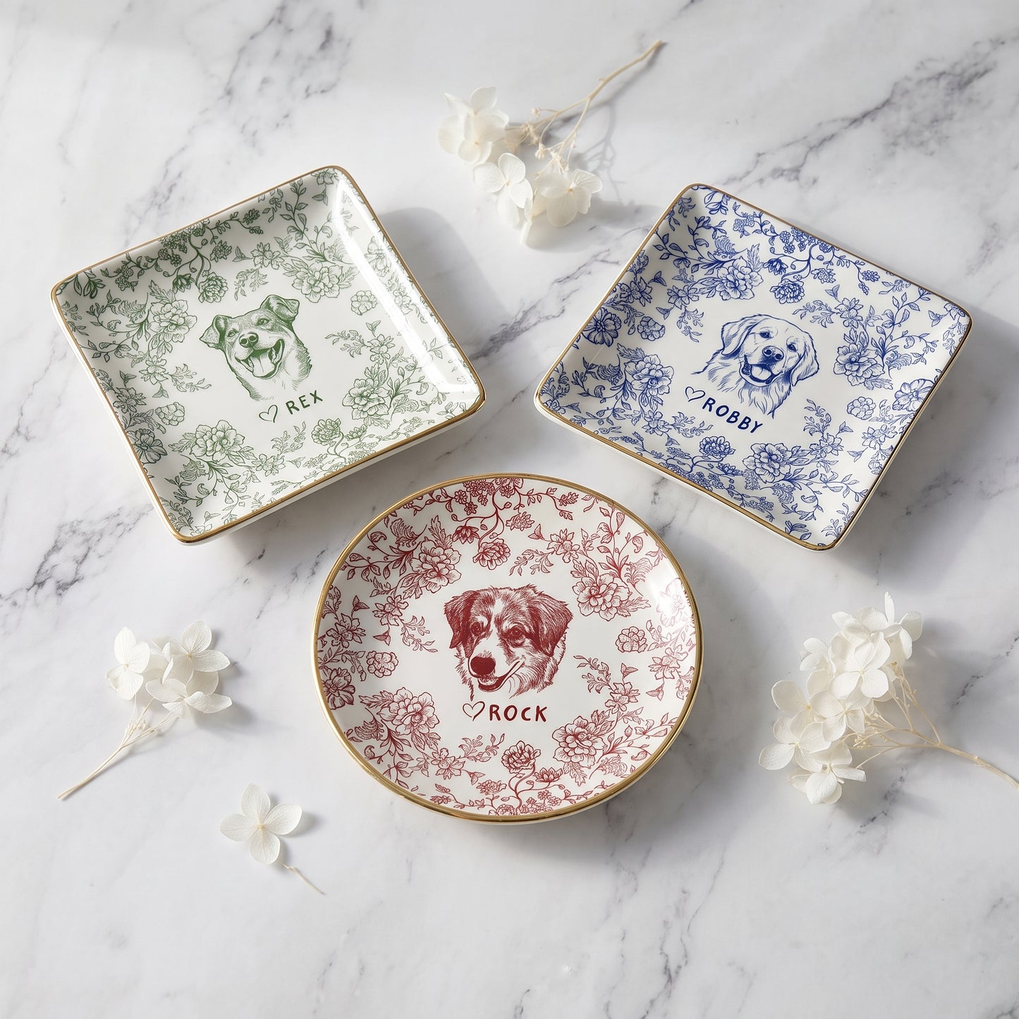 Custom Pet Jewelry Dish, Dog Cat Portrait Ring Dish, Toile De Jouy Pet Ring Dish