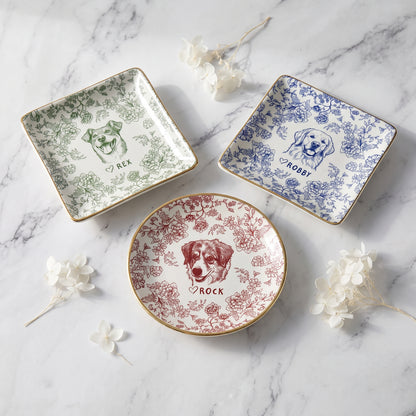 Custom Pet Jewelry Dish, Dog Cat Portrait Ring Dish, Toile De Jouy Pet Ring Dish