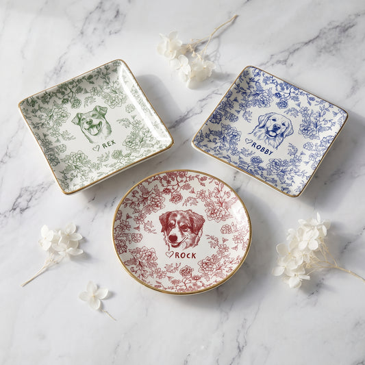 Custom Pet Jewelry Dish, Dog Cat Portrait Ring Dish, Toile De Jouy Pet Ring Dish