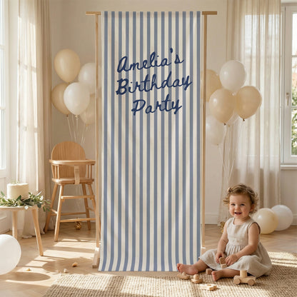 Striped Cotton Linen Birthday Banner, Custom Name Party Backdrop, Striped Fabric Hanging Decor