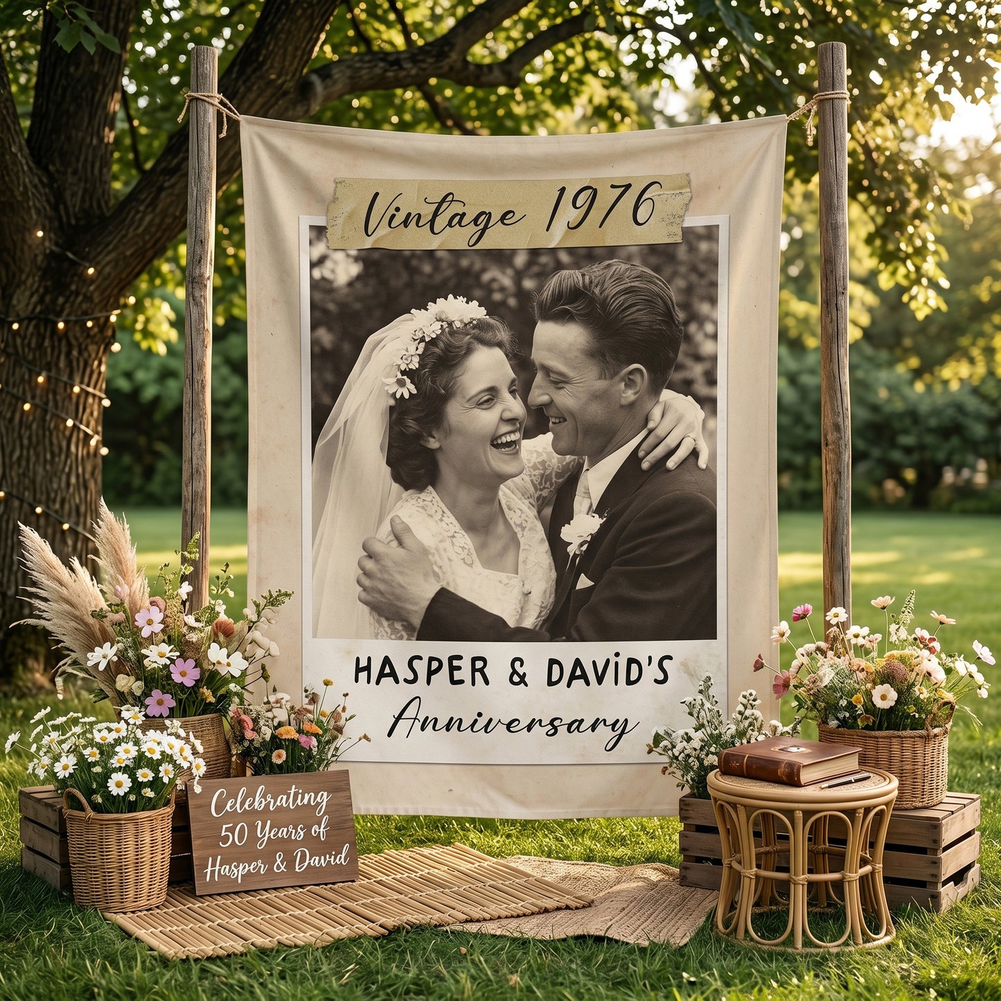 Personalized Linen Welcome Sign With Photo, 10th 20th 30th 50th Anniversary Photo Banner, Golden Celebration