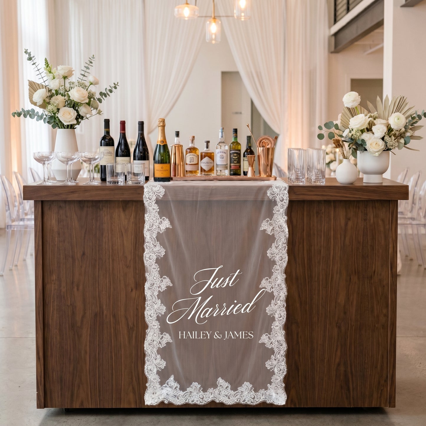 Custom Lace Sheer Wedding Banner, Just Married Lace Wedding Welcome Sign, Engagement Party Sign (Copy)