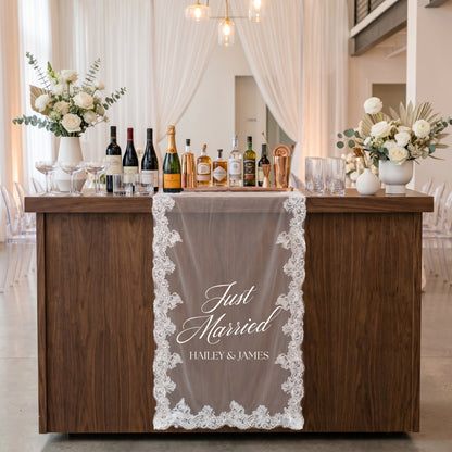 Custom Lace Sheer Wedding Banner, Just Married Lace Wedding Welcome Sign, Engagement Party Sign (Copy)