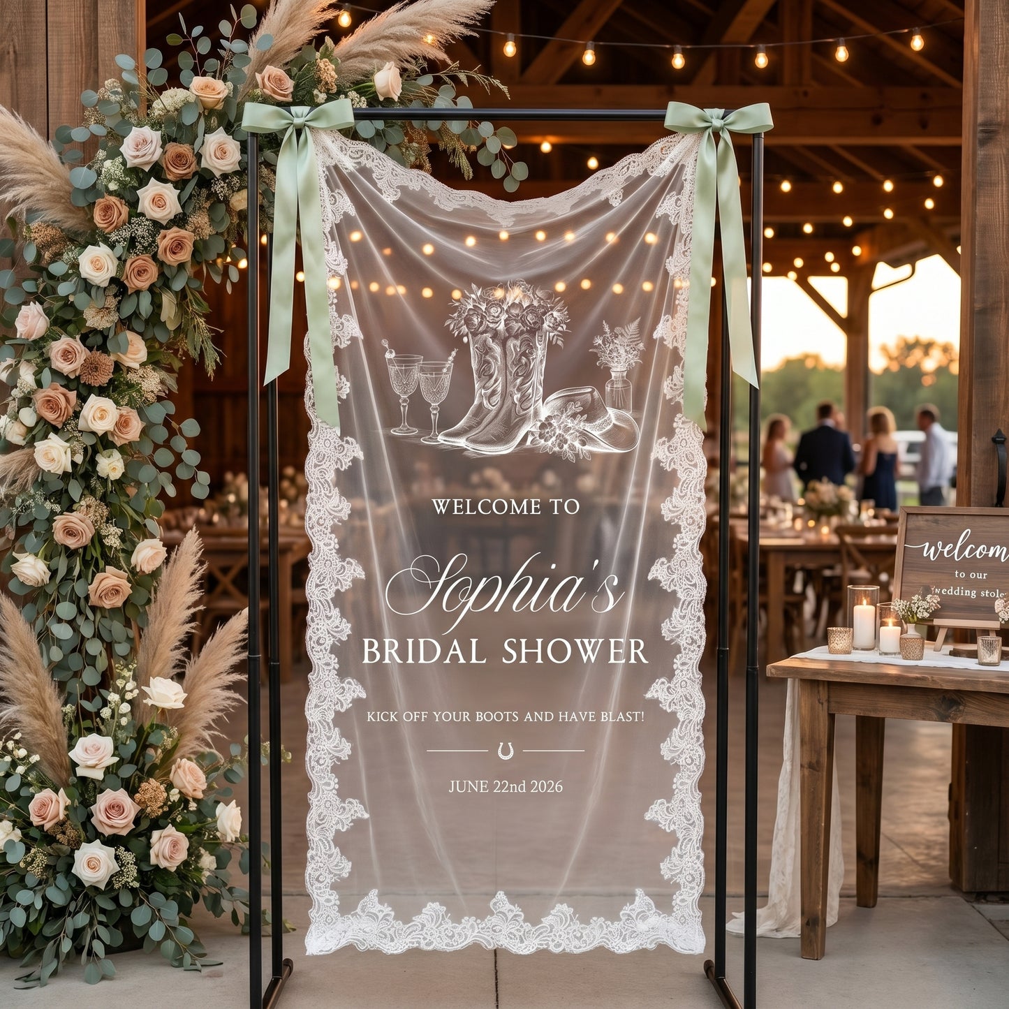 Custom Lace Welcome Sign, Clear Sheer Wedding Signage, Fabric Ceremony Reception Signage Banner, Romantic Sheer Lace Wedding Banner