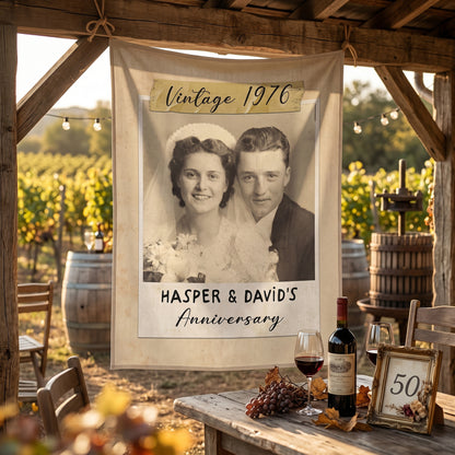Personalized Linen Welcome Sign With Photo, 10th 20th 30th 50th Anniversary Photo Banner, Golden Celebration