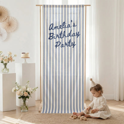 Striped Cotton Linen Birthday Banner, Custom Name Party Backdrop, Striped Fabric Hanging Decor