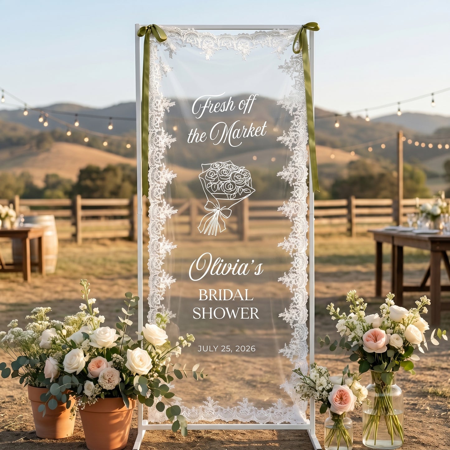 Personalized Lace Bridal Shower Welcome Sign, Sheer Tulle Banner, Wedding Party Decor