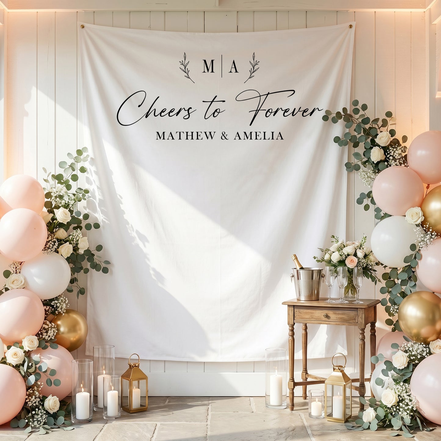 Personalized Wedding Photo Backdrop, Cheers to Forever, Engagement Party Decor