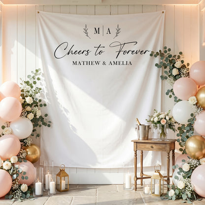 Personalized Wedding Photo Backdrop, Cheers to Forever, Engagement Party Decor