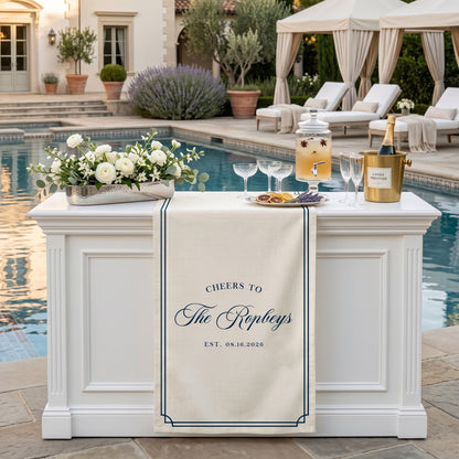 Personalized Wedding Table Runner, Custom Name Linen Bar Decor, Bridal Shower Tea Party Reception Decor