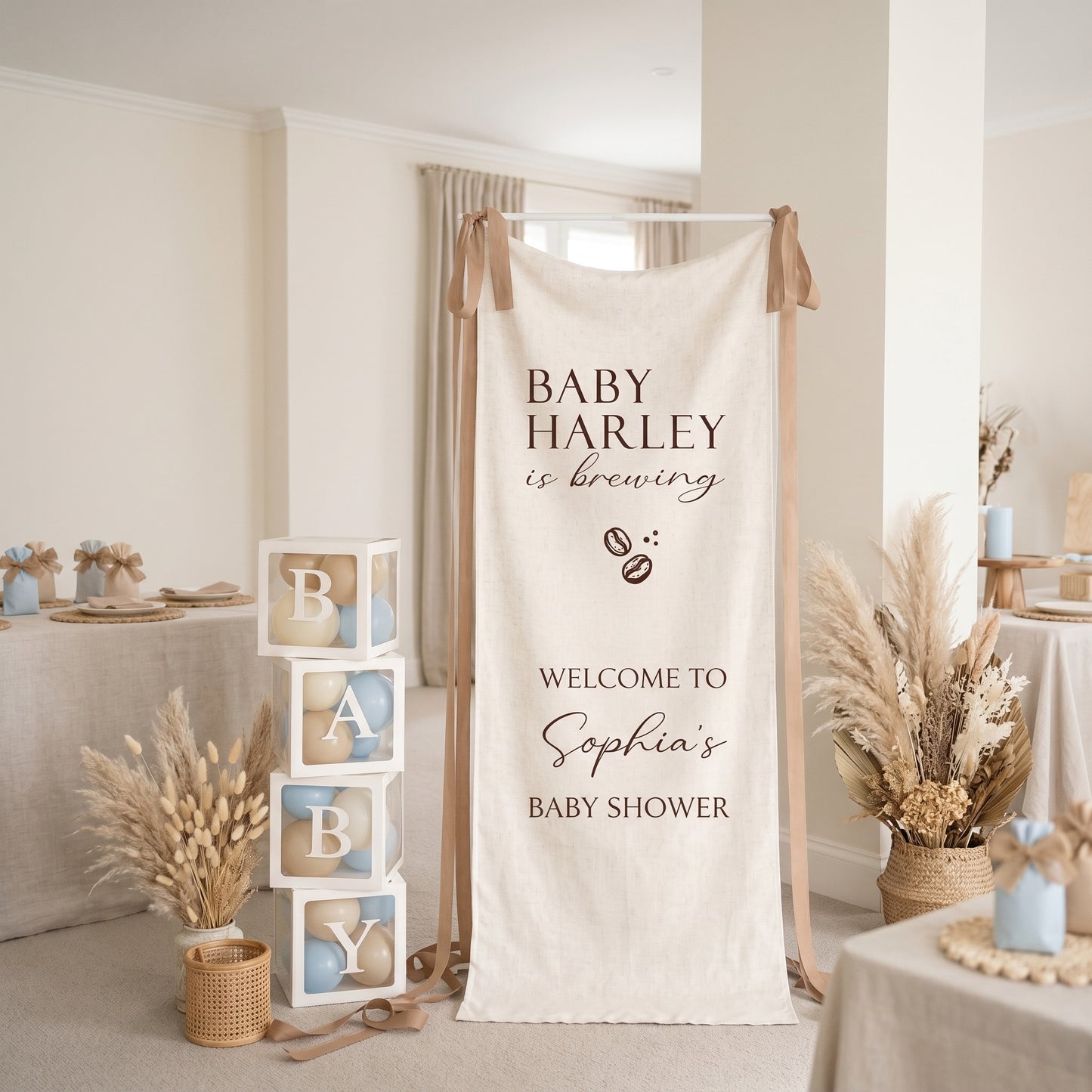 Coffee Themed Baby Shower Banner and Welcome Sign, A Baby Is Brewing, Cotton Linen Fabric Party Decor