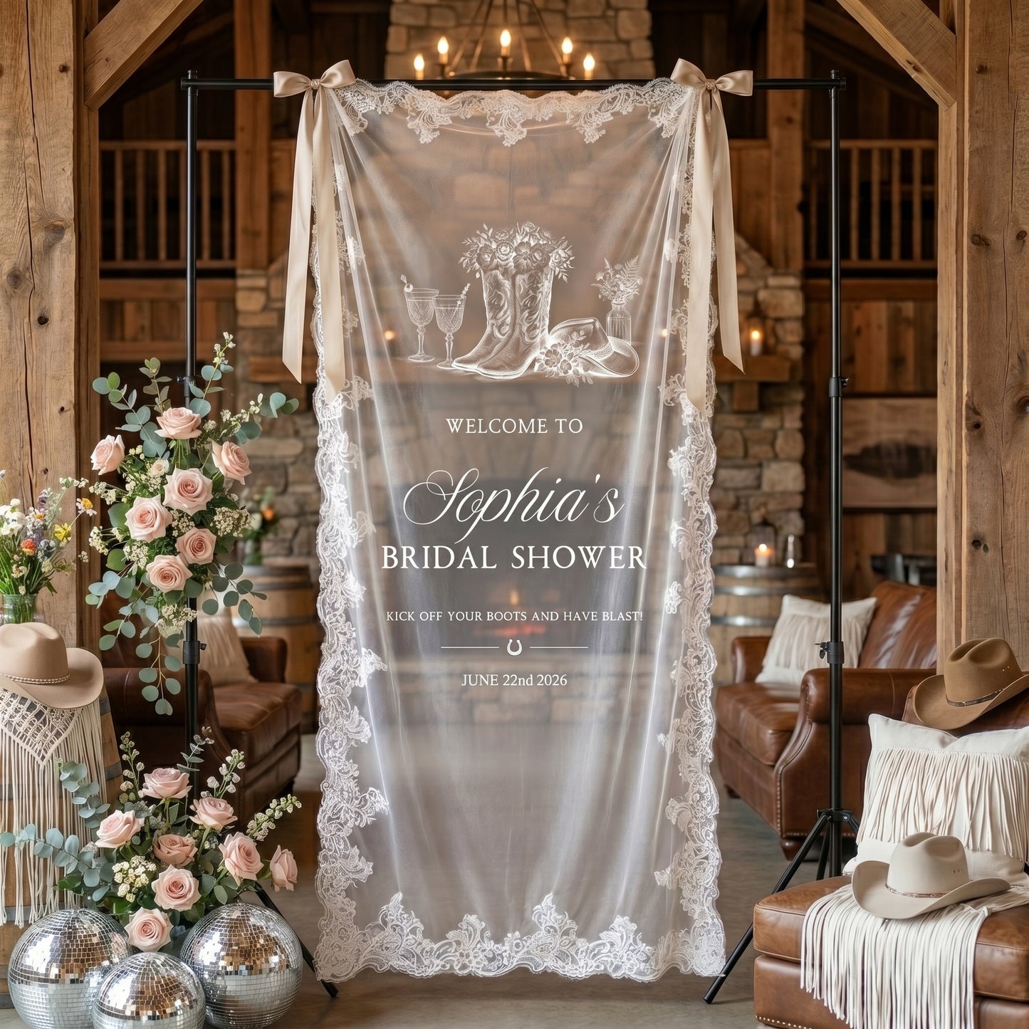 Custom Lace Welcome Sign, Clear Sheer Wedding Signage, Fabric Ceremony Reception Signage Banner, Romantic Sheer Lace Wedding Banner
