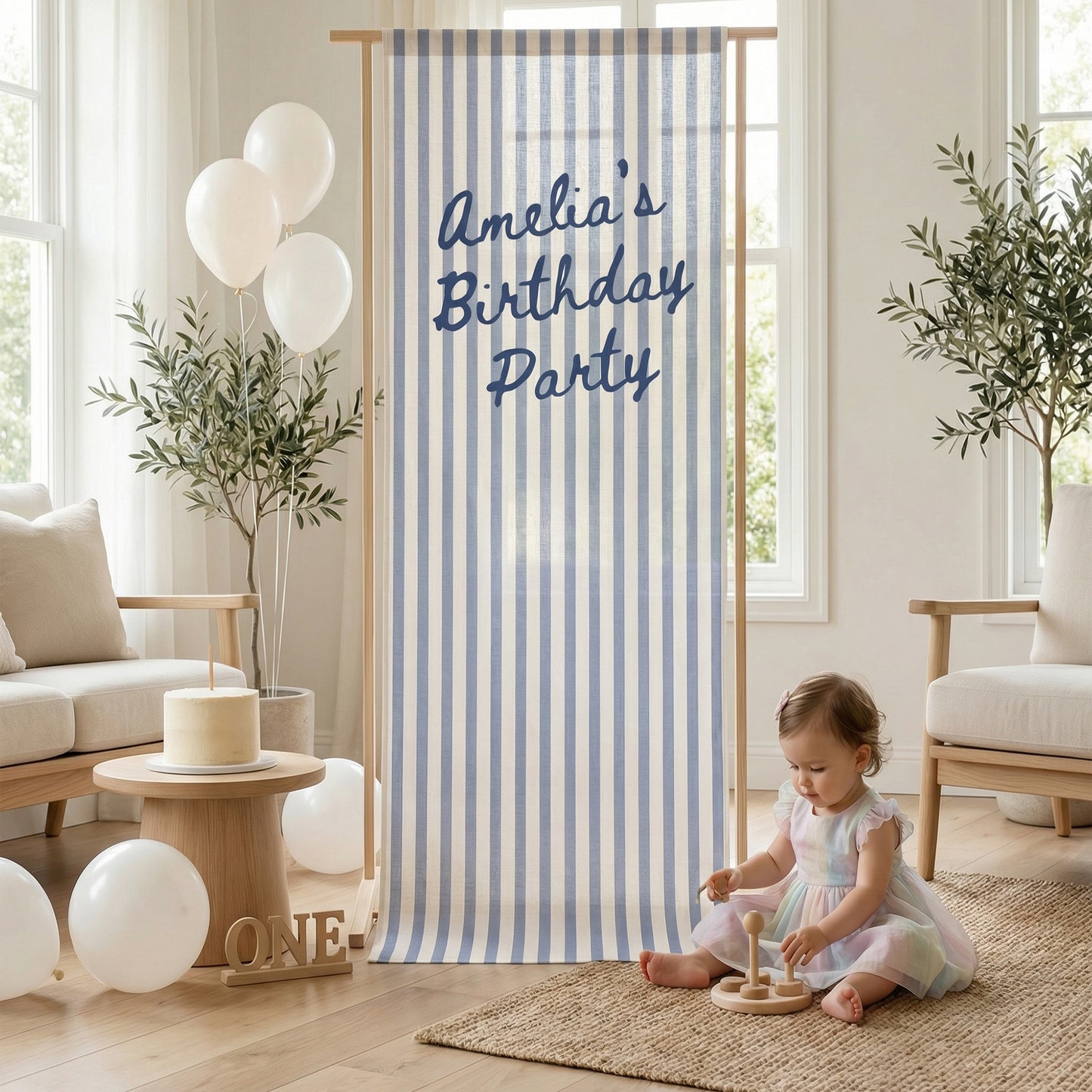 Striped Cotton Linen Birthday Banner, Custom Name Party Backdrop, Striped Fabric Hanging Decor