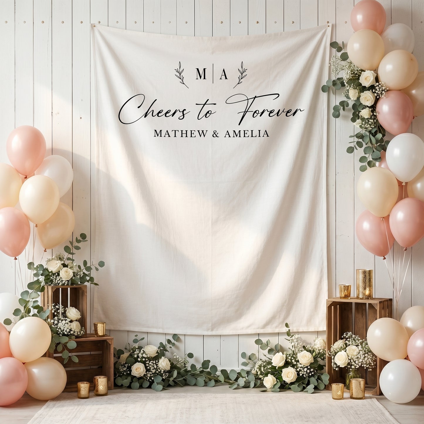 Personalized Wedding Photo Backdrop, Cheers to Forever, Engagement Party Decor