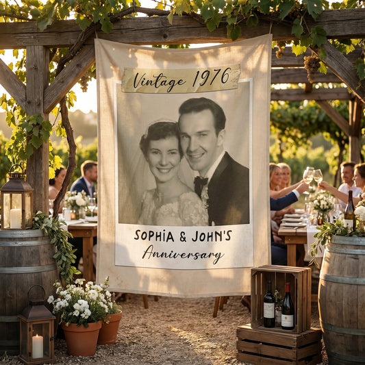 Personalized Linen Welcome Sign With Photo, 10th 20th 30th 50th Anniversary Photo Banner, Golden Celebration