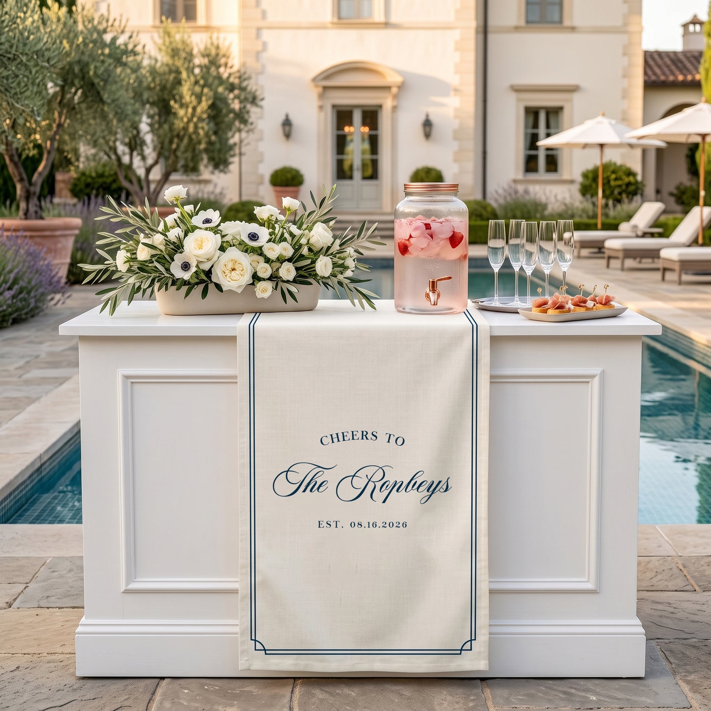 Personalized Wedding Table Runner, Custom Name Linen Bar Decor, Bridal Shower Tea Party Reception Decor