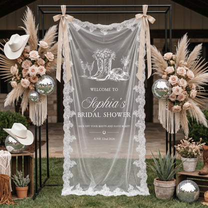 Custom Lace Welcome Sign, Clear Sheer Wedding Signage, Fabric Ceremony Reception Signage Banner, Romantic Sheer Lace Wedding Banner