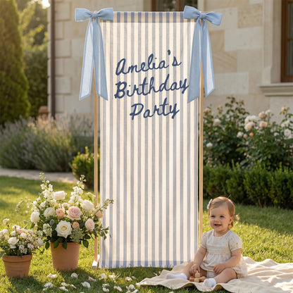 Striped Cotton Linen Birthday Banner, Custom Name Party Backdrop, Striped Fabric Hanging Decor