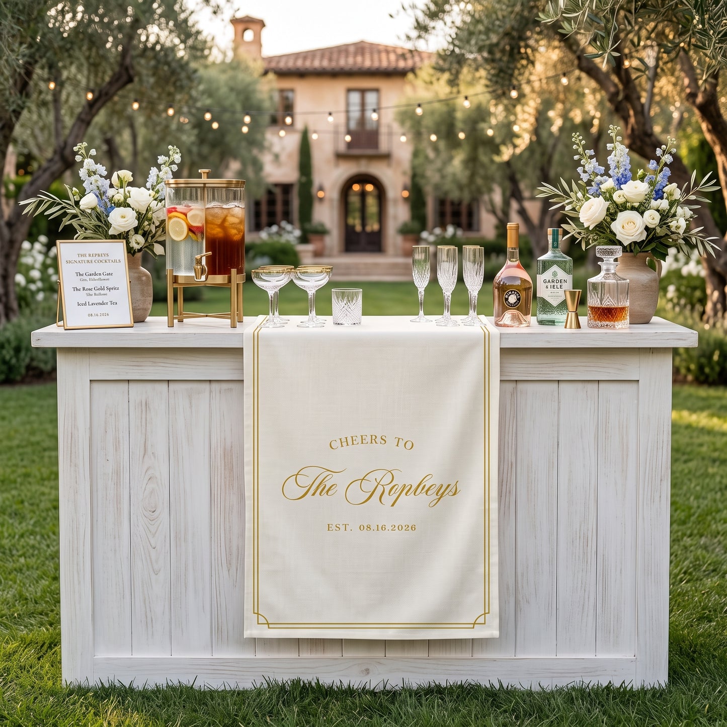 Personalized Wedding Table Runner, Custom Name Linen Bar Decor, Bridal Shower Tea Party Reception Decor