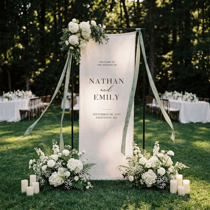 Minimalist Wedding Welcome Sign Banner, Personalized Names & Date