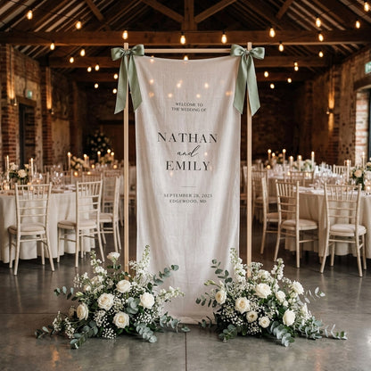 Minimalist Wedding Welcome Sign Banner, Personalized Names & Date