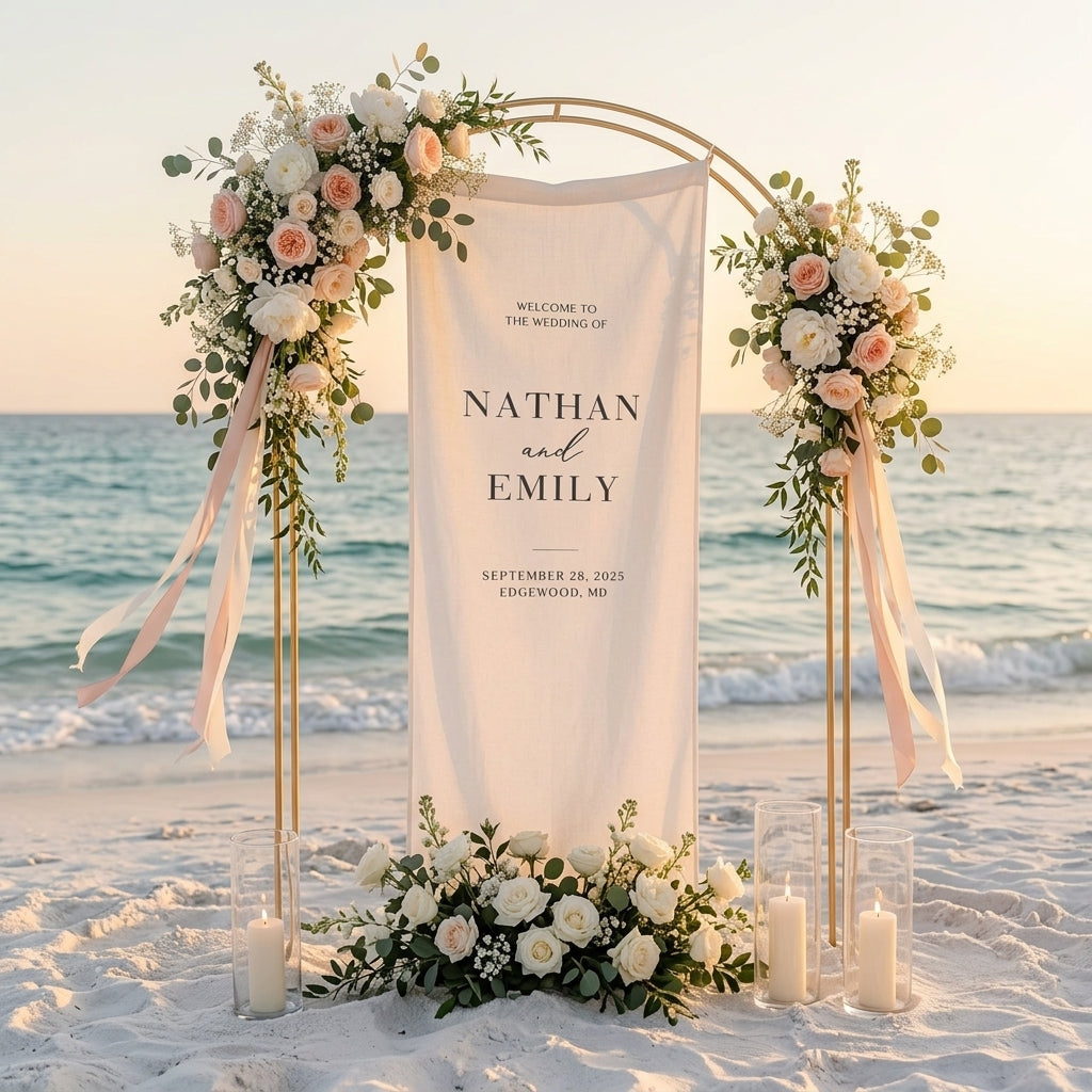 Minimalist Wedding Welcome Sign Banner, Personalized Names & Date