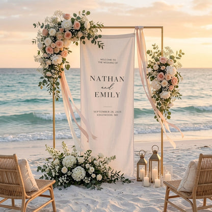 Minimalist Wedding Welcome Sign Banner, Personalized Names & Date