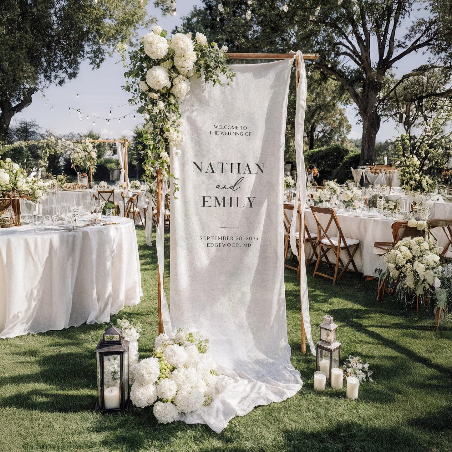 Minimalist Wedding Welcome Sign Banner with Stand, Personalized Names & Date