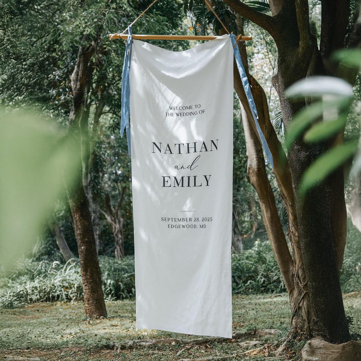 Minimalist Wedding Welcome Sign Banner with Stand, Personalized Names & Date