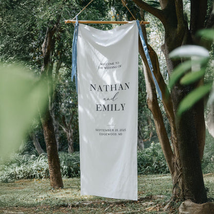 Minimalist Wedding Welcome Sign Banner with Stand, Personalized Names & Date