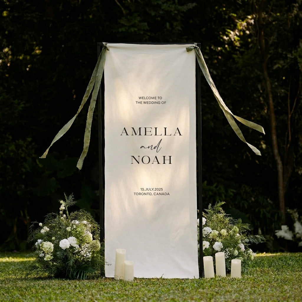 Minimalist Wedding Welcome Banner Stand, Personalized Names & Date for Outdoor Ceremony