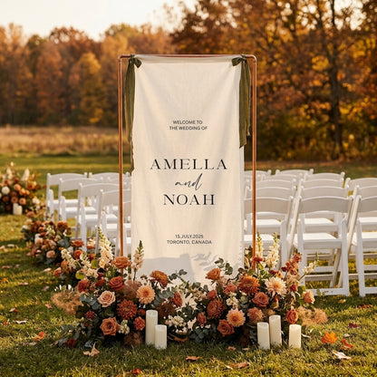 Minimalist Wedding Welcome Banner Stand, Personalized Names & Date for Outdoor Ceremony