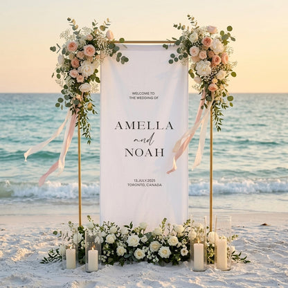 Minimalist Wedding Welcome Banner Stand, Personalized Names & Date for Outdoor Ceremony