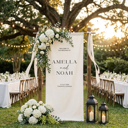 Minimalist Wedding Welcome Banner Stand, Personalized Names & Date for Outdoor Ceremony