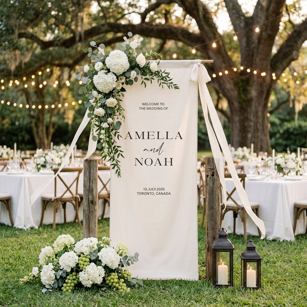Minimalist Wedding Welcome Banner Stand, Personalized Names & Date for Outdoor Ceremony