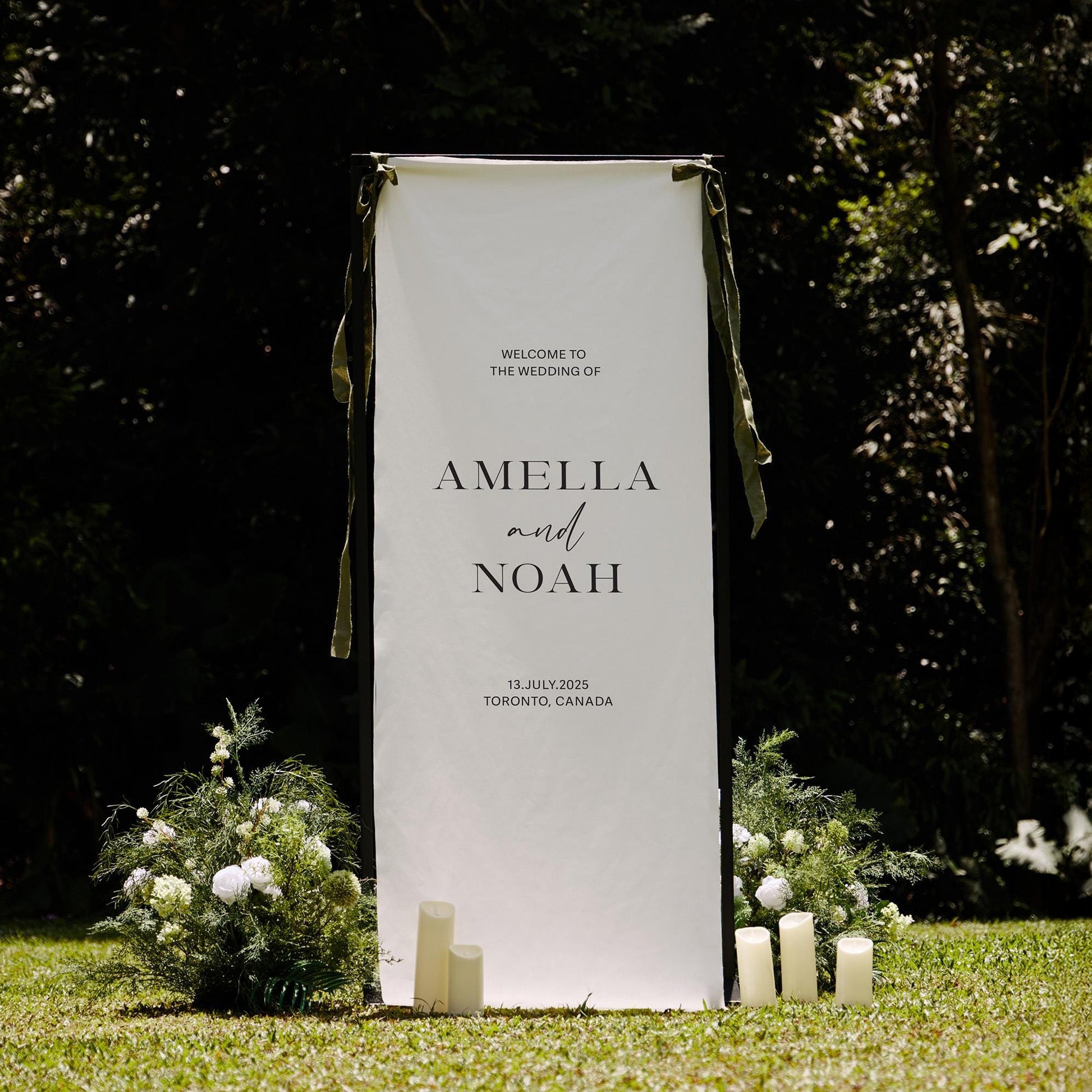 Minimalist Wedding Welcome Banner Stand, Personalized Names & Date for Outdoor Ceremony