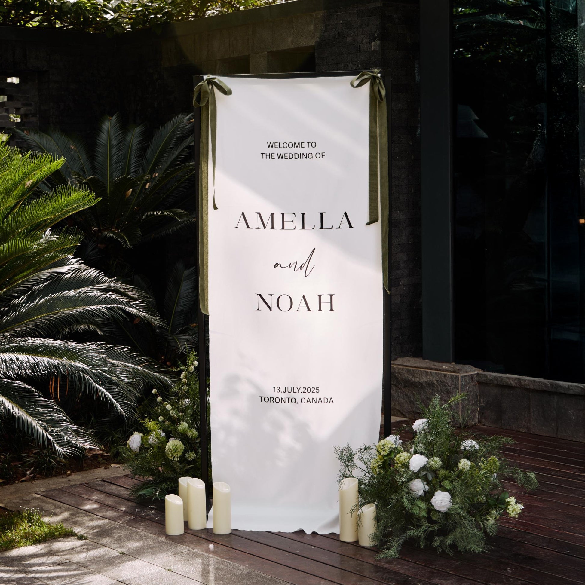 Minimalist Wedding Welcome Banner Stand, Personalized Names & Date for Outdoor Ceremony