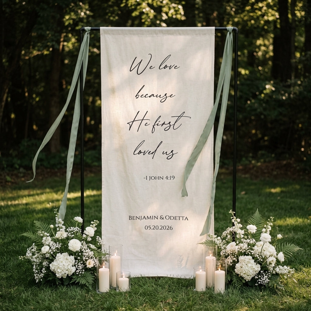 Minimalist Wedding Bible Verse Banner Stand, Personalized Couple Names & Date