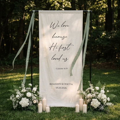 Minimalist Wedding Bible Verse Banner Stand, Personalized Couple Names & Date