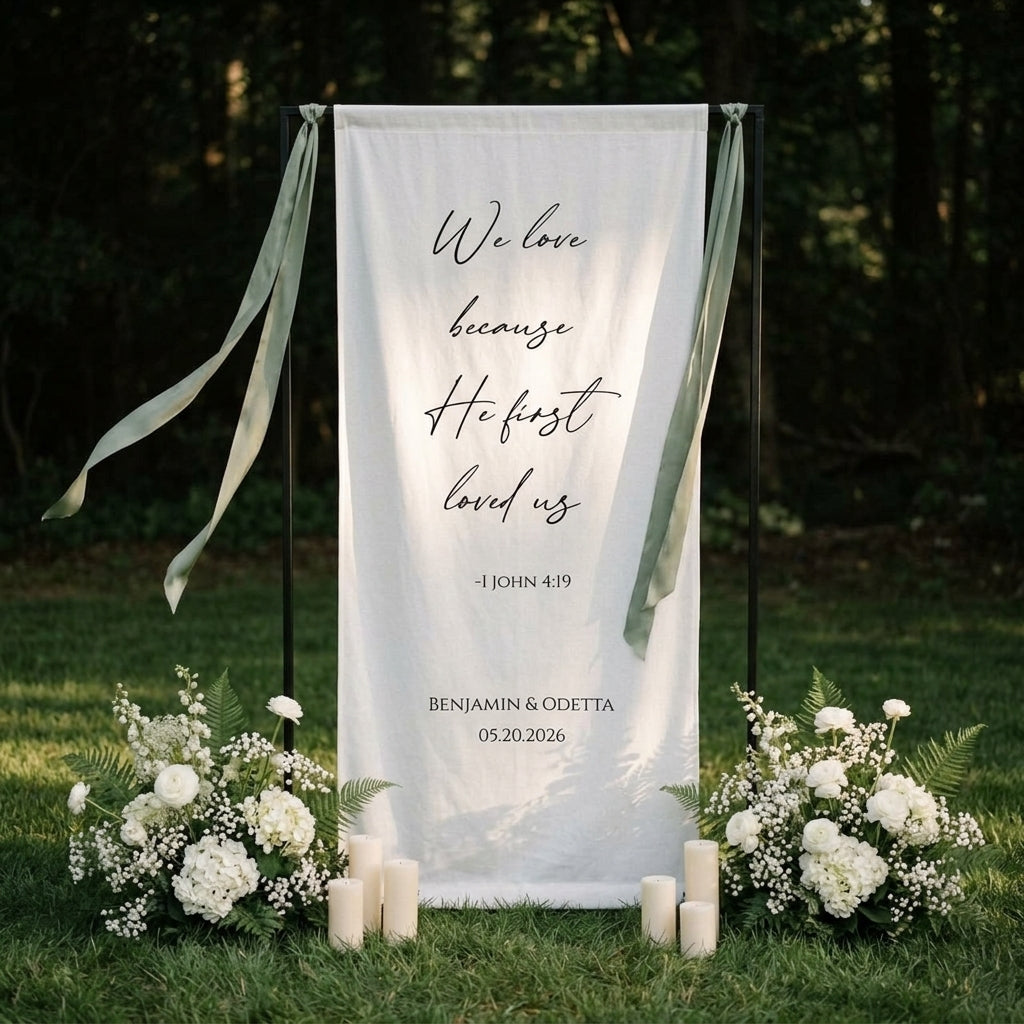 Minimalist Wedding Bible Verse Banner Stand, Personalized Couple Names & Date