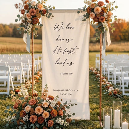 Minimalist Wedding Bible Verse Banner Stand, Personalized Couple Names & Date