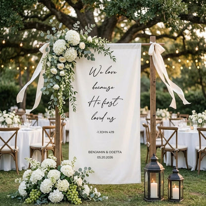 Minimalist Wedding Bible Verse Banner Stand, Personalized Couple Names & Date