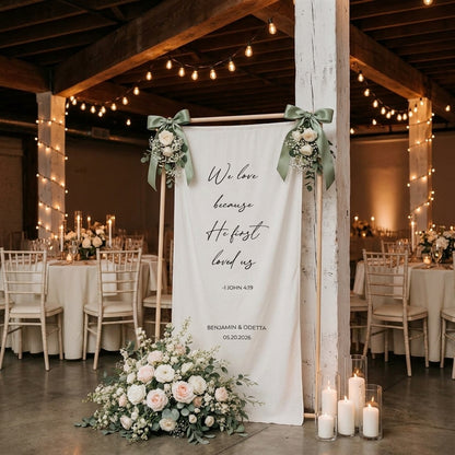 Minimalist Wedding Bible Verse Banner Stand, Personalized Couple Names & Date